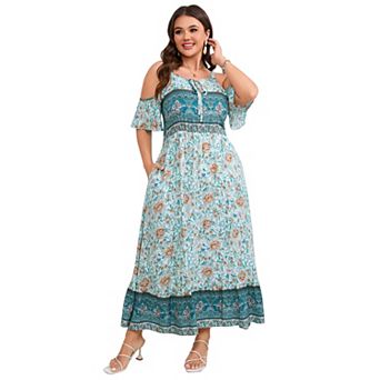 Women's Plus Size Flutter Sleeve Off-Shoulder Midi Dress with Pockets