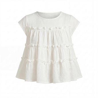 Women's Loose Fit Tiered Ruffle Blouse Babydoll Short Sleeve Shirt Summer Blouse