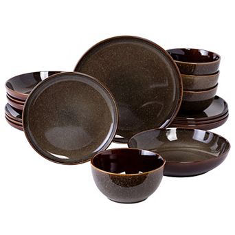 Gibson Elite Edwina 16 pc Double Bowl Dinnerware Set Olive Green