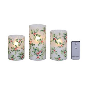 Fitz & Floyd Holly 3 pc LED Wax Filled Glass Pillar Candle Set