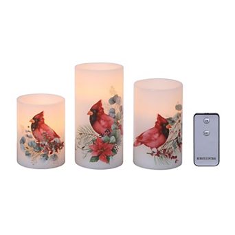Fitz & Floyd 3 pc Christmas Cardinal LED Wax Pillar Candle Set