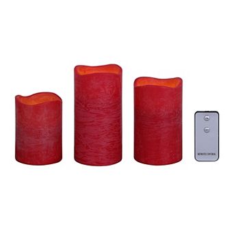 Fitz & Floyd Rustic Red 3 pc Remote Controlled LED Wax Pillar Candle Set