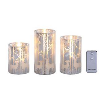 Fitz & Floyd Sterling Deer and Trees 3 pc LED Wax-Filled Glass Pillar Candle Set