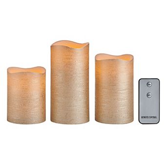 Fitz & Floyd Champagne Glitter 3 pc Remote Controlled LED Wax Pillar Candle Set