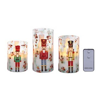 Fitz & Floyd Nutcracker 3 pc LED Wax Filled Glass Pillar Candle Set