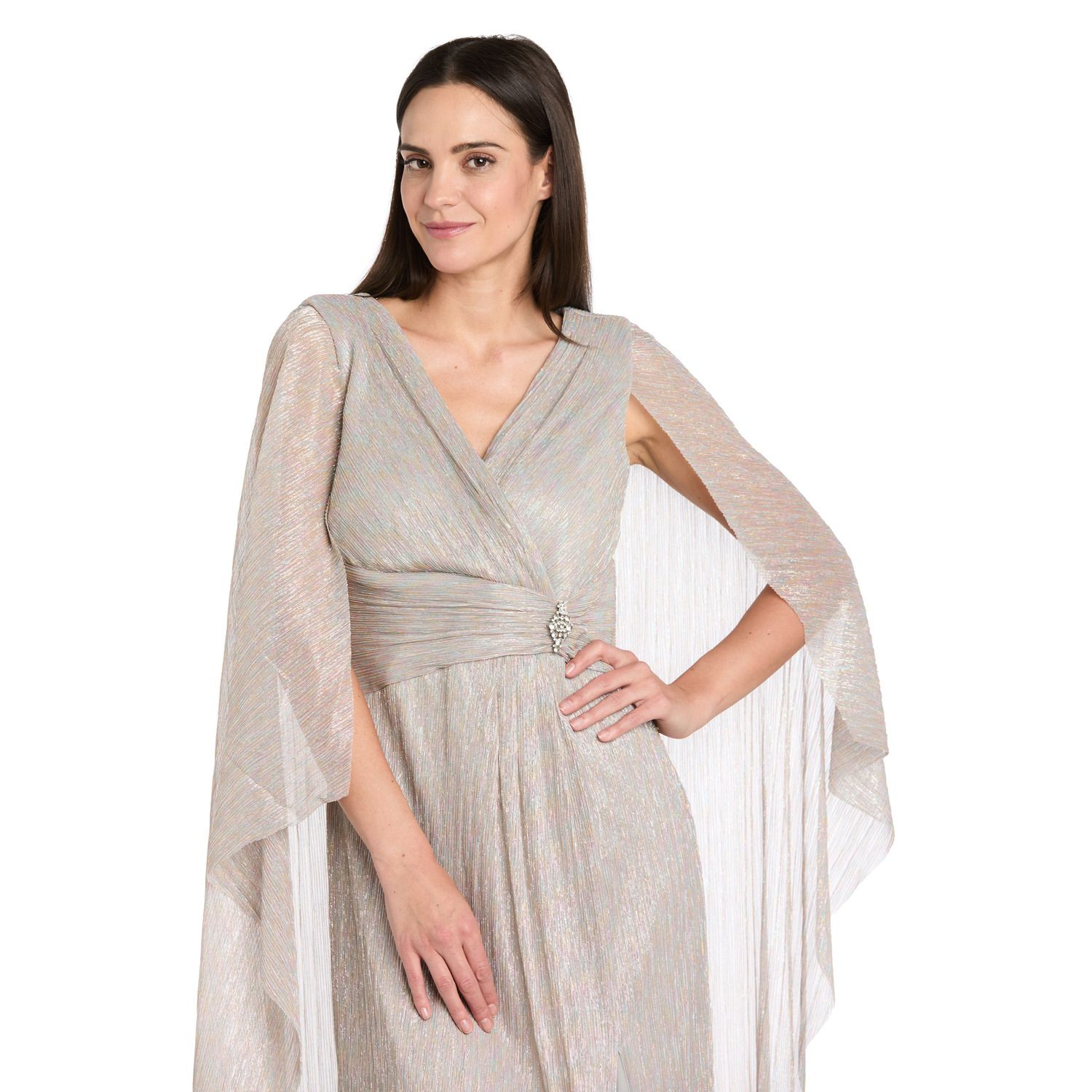 Женское платье R&M Richards V-Neck Flyaway Cape Sleeves Crinkle Gown, цвет: Небесно-голубой — фото 2