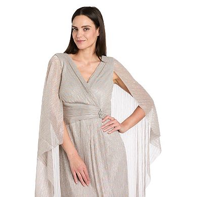 Women's R&M Richards V-Neck Flyaway Cape Sleeves Crinkle Gown