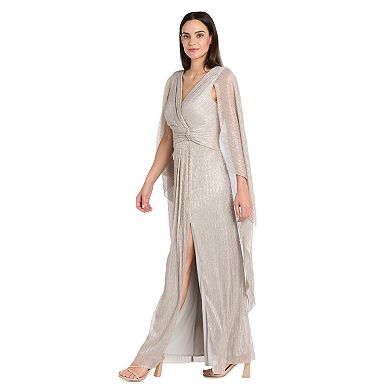 Women's R&M Richards V-Neck Flyaway Cape Sleeves Crinkle Gown