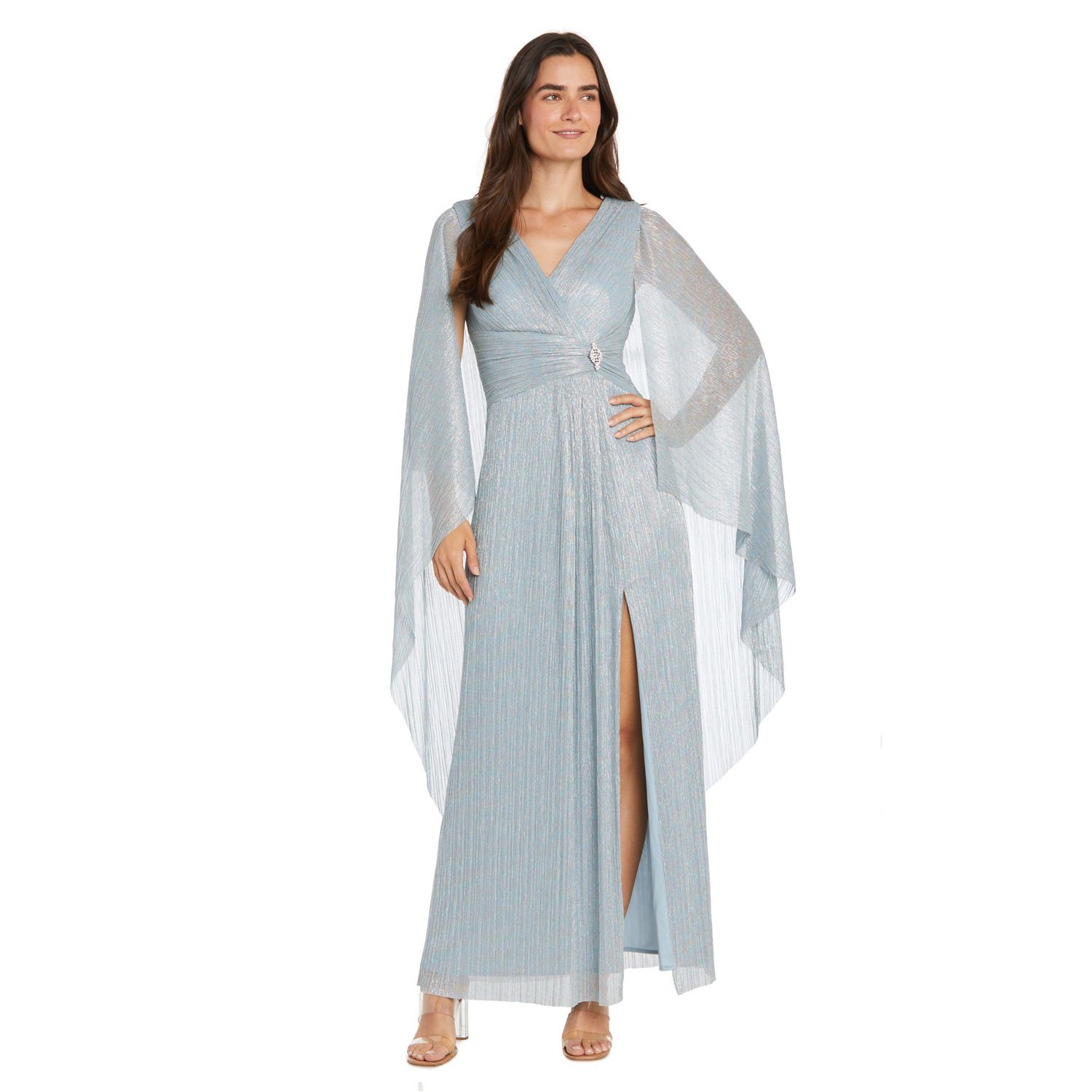 Женские платья R&M Richards V-Neck Flyaway Cape Sleeves Crinkle Gown