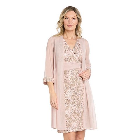Женские платья R&M Women's R&M Richards 2 pc Embellished Duster Jacket & Lace Sheath Dress
