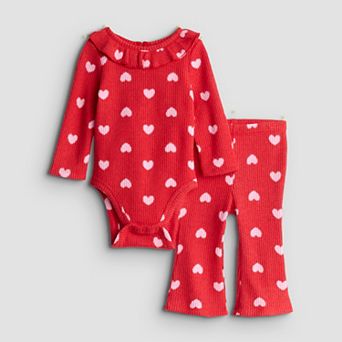 Baby Girl Jumping Beans® 2 pc Heart Print Ruffled Bodysuit & Flare Pants Set