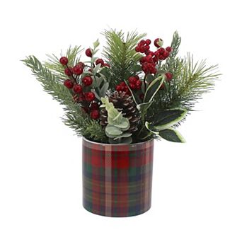 St. Nicholas Square® Artificial Berry & Pine Arrangement in Plaid Ceramic Vase