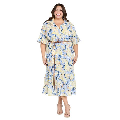 Женские платья R&M Plus Size R&M Richards Floral Print Linen-Blend Midi Shirt Dress