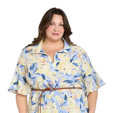 Plus Size R&M Richards Floral Print Linen-Blend Midi Shirt Dress