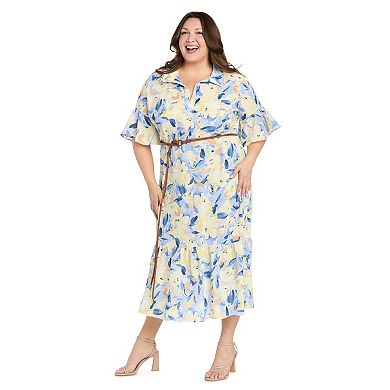Plus Size R&M Richards Floral Print Linen-Blend Midi Shirt Dress