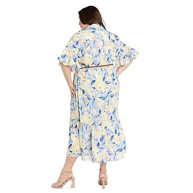 Plus Size R&M Richards Floral Print Linen-Blend Midi Shirt Dress