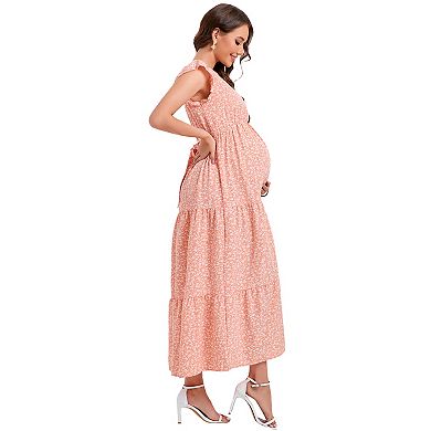 Women's Maternity V Neck Short Sleeve Midi Dress with Belt