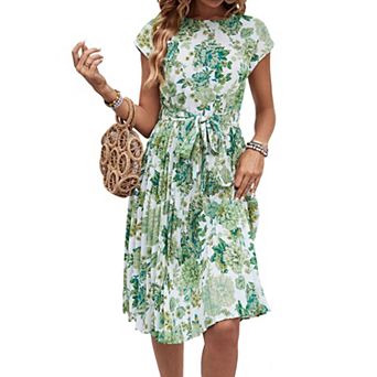 Women's Short Sleeve Midi Dress Crew Neck Tie Waist Flowy Summer A Line Dresses
