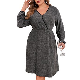 Women's Plus Size Long Sleeve Wrap V Neck Sequin Dress Cocktail Club Dress