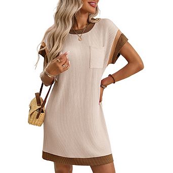 Women's T Shirt Dress Short Sleeve with Pocket Color Block Ribbed Knit Loose Fit Mini Dresses