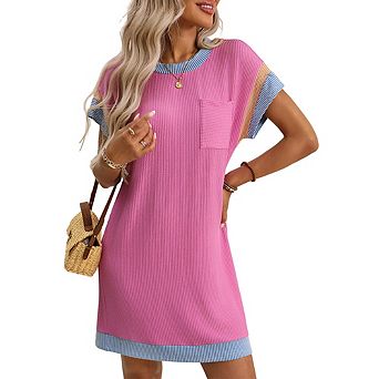 Women's T Shirt Dress Short Sleeve with Pocket Color Block Ribbed Knit Loose Fit Mini Dresses