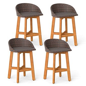Costway Outdoor Faux Rattan Bar Chairs Solid Acacia Wood Bar Stools for Porch