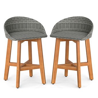 Costway Outdoor Faux Rattan Bar Chairs Solid Acacia Wood Bar Stools for Porch