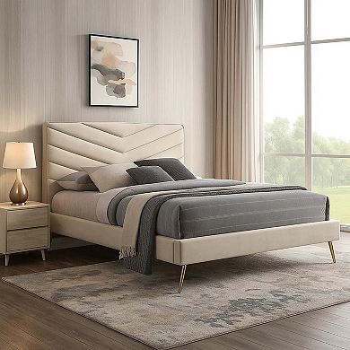 Vevy Bed, Chevron Tufted Flannelette Upholstery