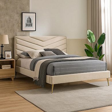 Vevy Bed, Chevron Tufted Flannelette Upholstery