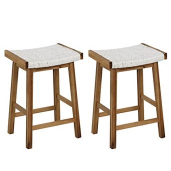 Costway 25.5'' Dining Saddle Stool Set of 2 Counter Height Seaweed Woven Seat Solid Wood