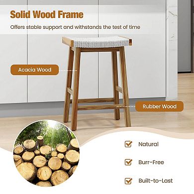 Costway 25.5'' Dining Saddle Stool Set of 2 Counter Height Seaweed Woven Seat Solid Wood