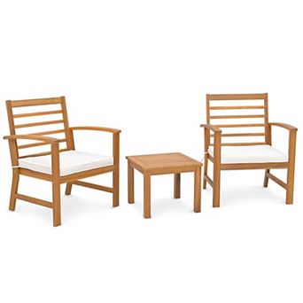 Costway 3 pc Outdoor Furniture Set Acacia Wood Conversation Set with Soft Seat Cushions