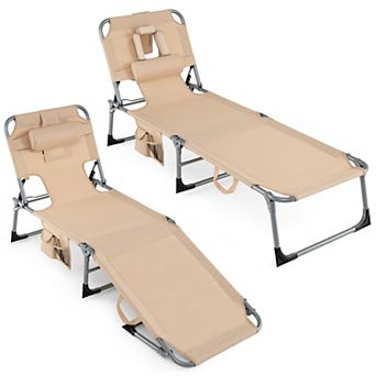 Costway 2 pc Outdoor Beach Lounge Chair Folding Chaise Lounge with Pillow