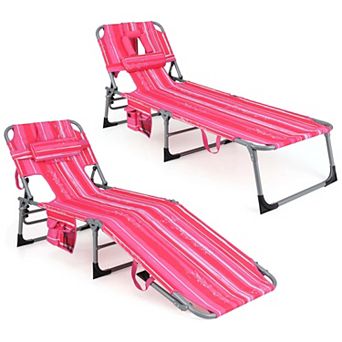 Costway 2 pc Outdoor Beach Lounge Chair Folding Chaise Lounge with Pillow