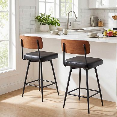 Costway 27” Padded Counter Barstools with Wooden Backrest & Metal Legs, Footrest