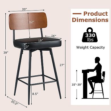 Costway 27” Padded Counter Barstools with Wooden Backrest & Metal Legs, Footrest