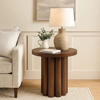 Sana Side End Table, Round Top, Rustic Fluted Base