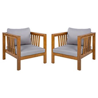 Merax Set of 2 Outdoor Acacia Wood Club Chairs with Square Arms, 2 pc Patio Conversation Set