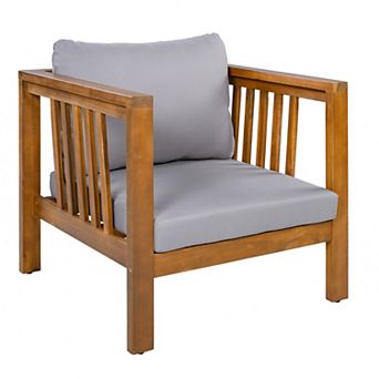 Merax Outdoor Acacia Wood Club Chair with Modern Square Arms, Patio Chair with Thick Cushion