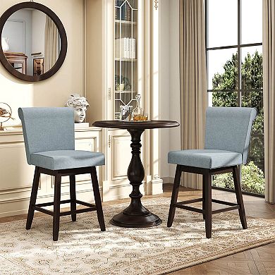 Costway 27" Swivel Bar Stools with Rubber Wood Legs Upholstered Linen Bar Chairs