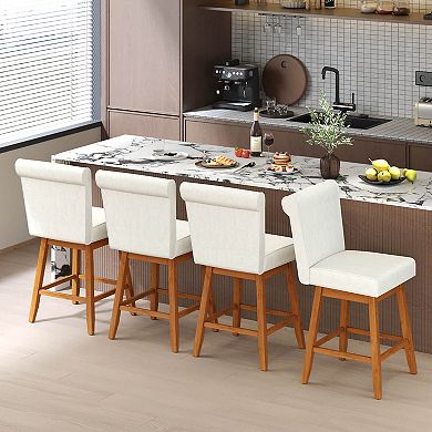 Costway 27" Swivel Bar Stools with Rubber Wood Legs Upholstered Linen Bar Chairs