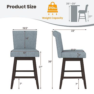 Costway 27" Swivel Bar Stools with Rubber Wood Legs Upholstered Linen Bar Chairs