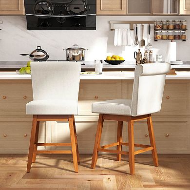 Costway 27" Swivel Bar Stools with Rubber Wood Legs Upholstered Linen Bar Chairs