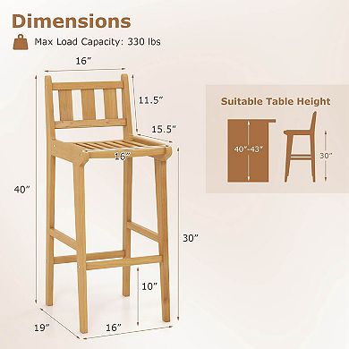 Costway 1 PCS 30" Teak Wood Bar Stool with Footrest & Backrest Wooden Bar Height Chair