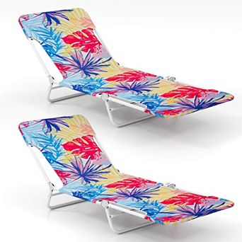 Costway 2 pc Outdoor Folding Chaise Lounge with Carry Strap, Metal Frame for Patio Poolside