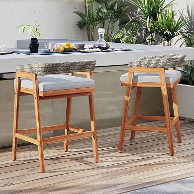 Costway Patio Counter Height Bar Stools Set of 2 with Cushions PE Wicker Backrests