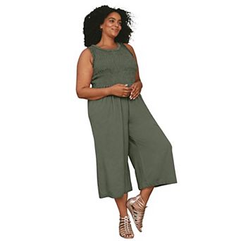Avenue Women's Plus Size Sleeveless Smocked Jumpsuit