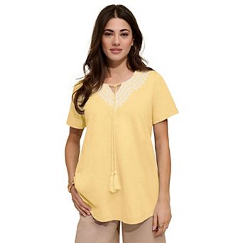 Roaman's Women's Plus Size Embroidered Notch-Neck Tassel Tunic
