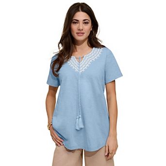 Roaman's Women's Plus Size Embroidered Notch-Neck Tassel Tunic