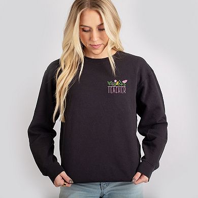 Embroidered Teacher Flowers - Women's Lightweight Garment Dyed Sweatshirt
